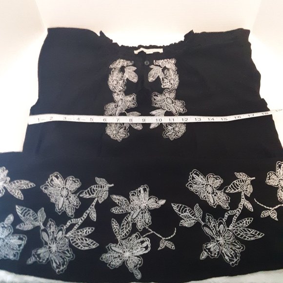 Loft White Embroidered Floral Split Neck Black Dress(as is -no belt) - Picture 9 of 14